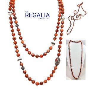 ✨Handmade Elegant Long Necklace in Exotic Red Stones & Pearls Focal
Point✨